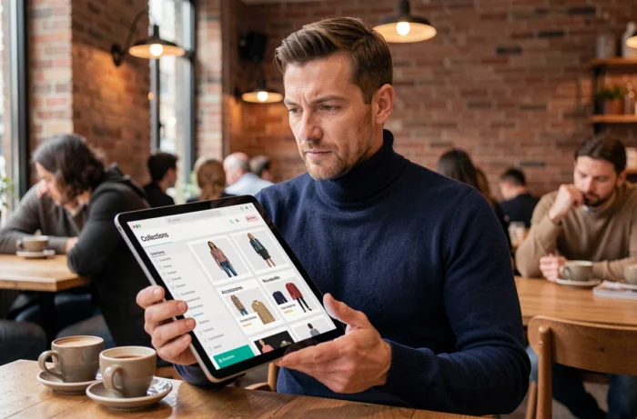 Homme consultant la sitemap d'un site de mode sur une tablette dans un café urbain contemporain