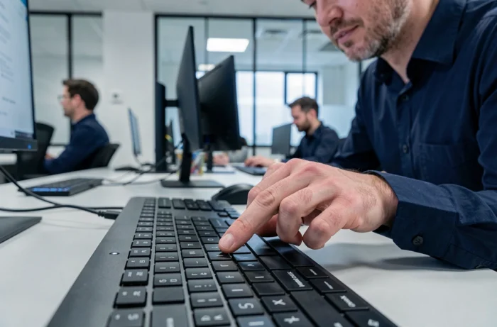 Homme en bureau professionnel utilisant la touche Home sur un clavier AZERTY en gros plan