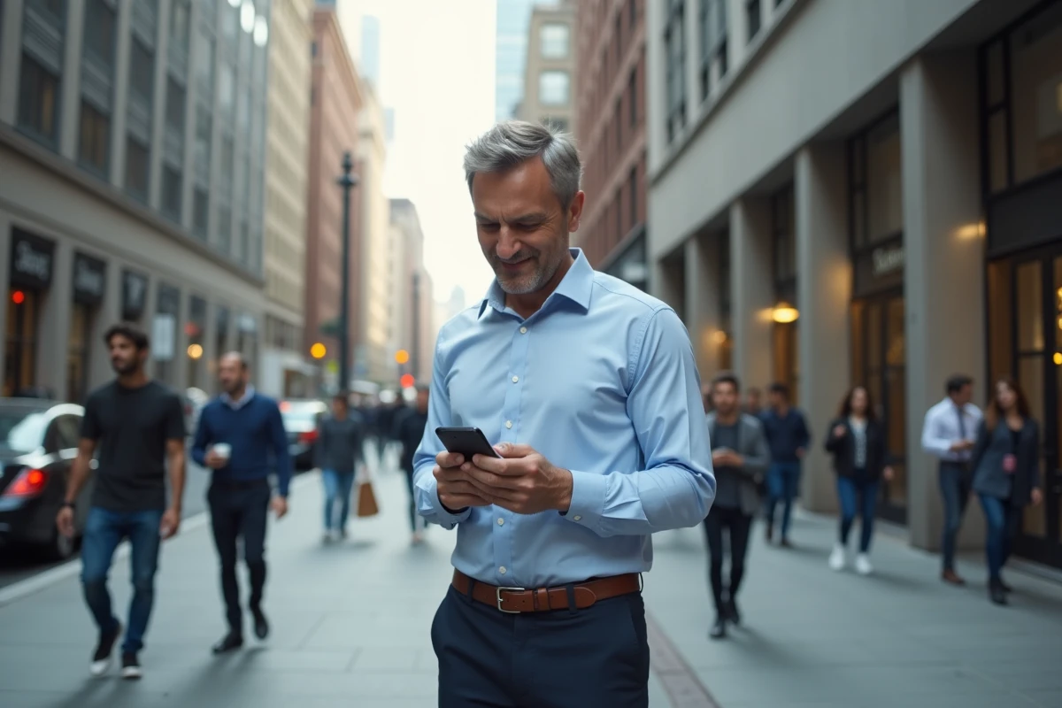 Homme dans la ville consulte des offres d emploi sur son smartphone