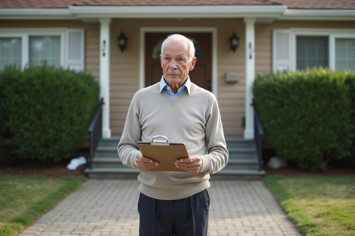 Homme âgé observant une maison dans un quartier résidentiel