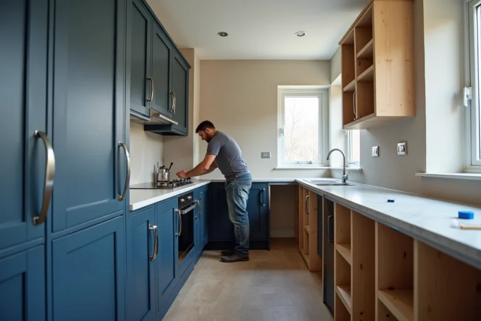 Installateur posant des meubles de cuisine sur mesure en cours de rénovation dans une cuisine en couloir