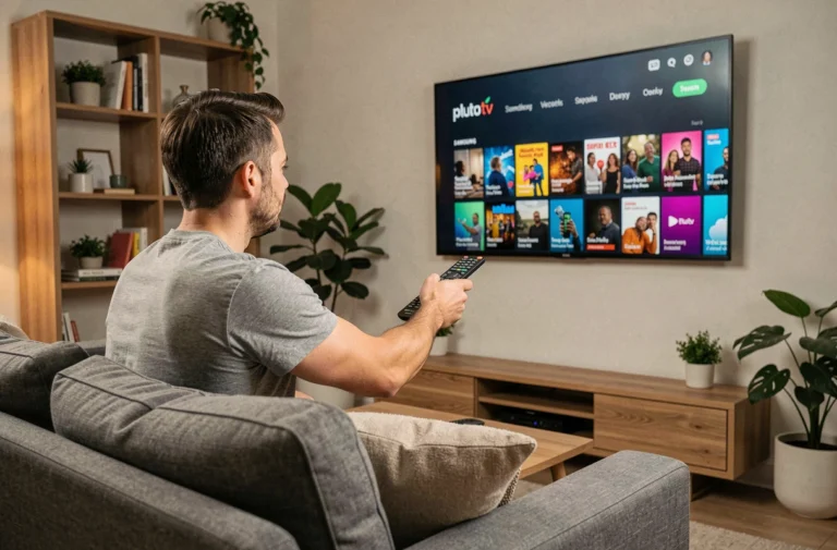 Homme installant Pluto TV sur une Smart TV Samsung dans un salon moderne