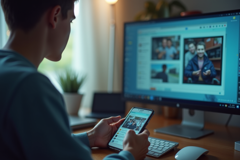 Jeune adulte utilisant un smartphone devant un écran lumineux de réseaux sociaux