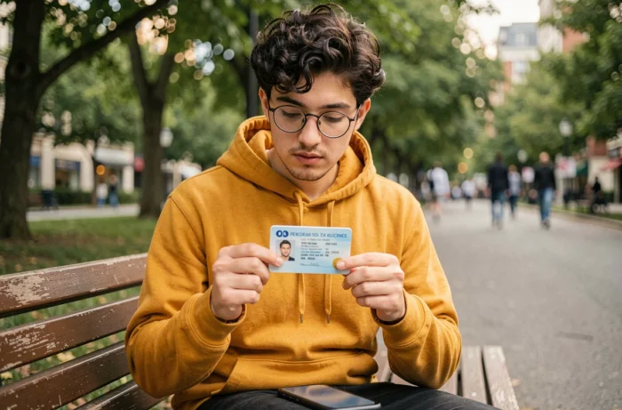 Jeune adulte consultant son permis de conduire dans un parc urbain, vérifiant les informations sur le document officiel