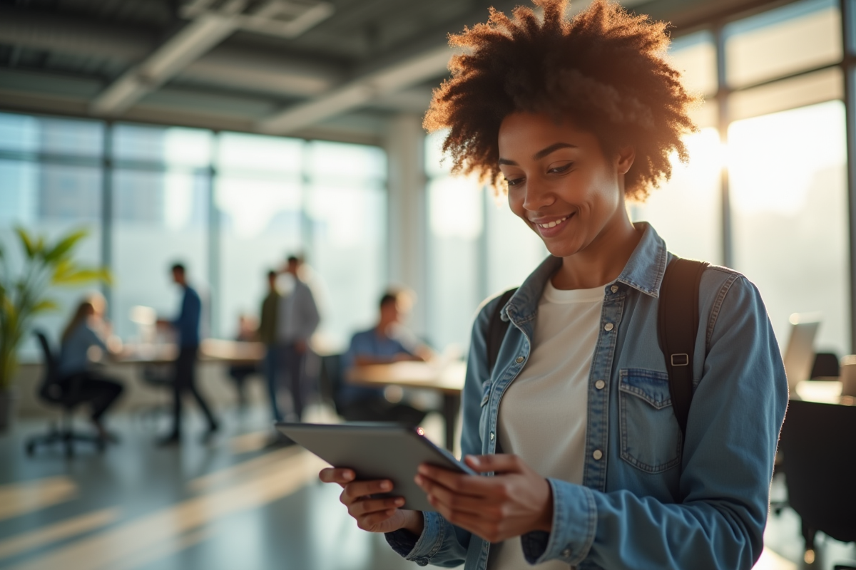 Jeune agent municipal utilisant une tablette dans un bureau ensoleille