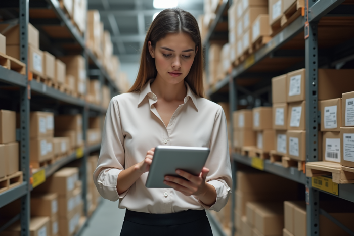 Jeune femme coordonnatrice logistique avec tablettes dans un entrepôt