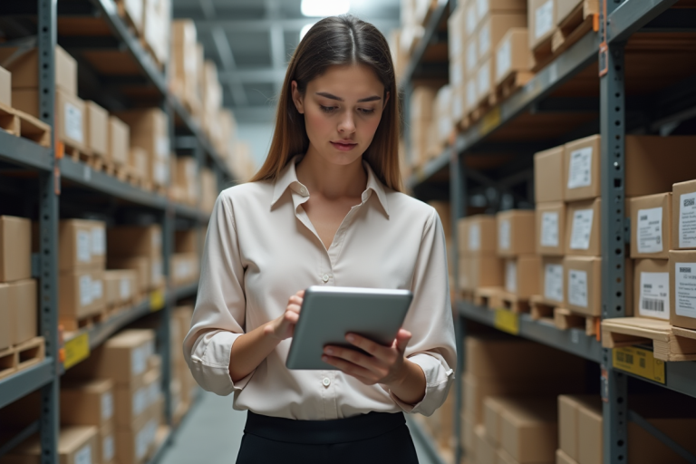 Jeune femme coordonnatrice logistique avec tablettes dans un entrepôt