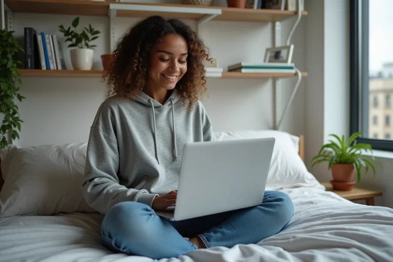 Jeune femme souriante sur son lit avec ordinateur portable