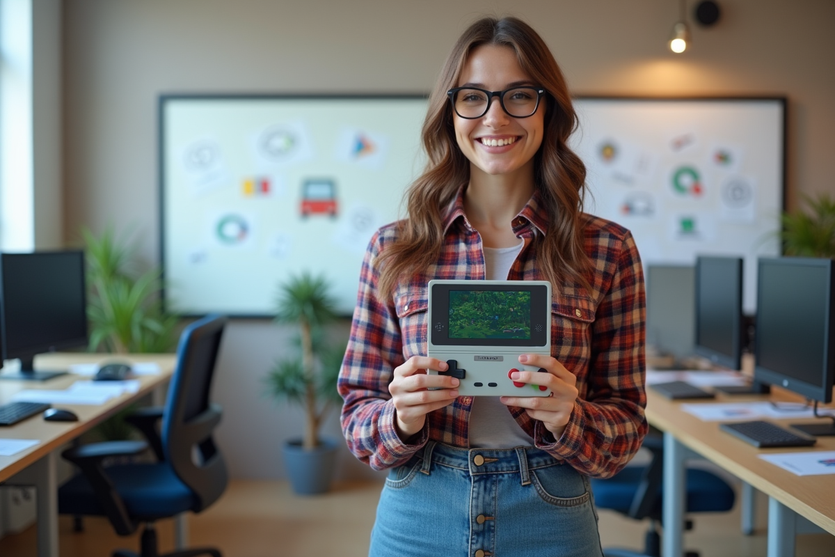 Jeune femme tenant une console de jeux rétro dans un espace moderne