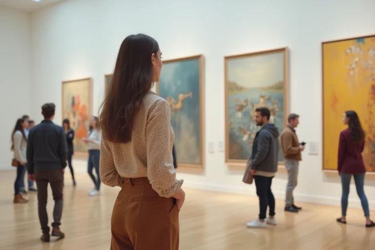 Jeune femme contemplant une peinture abstraite dans une galerie d'art moderne