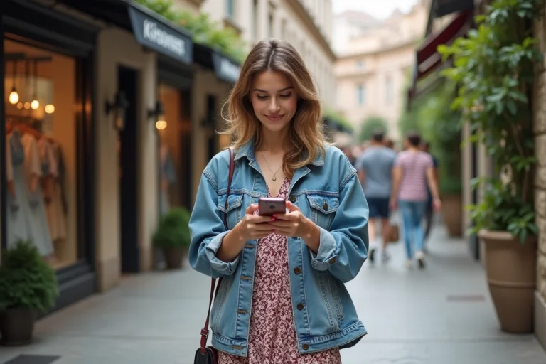 Jeune femme tendance marche dans la ville avec son téléphone