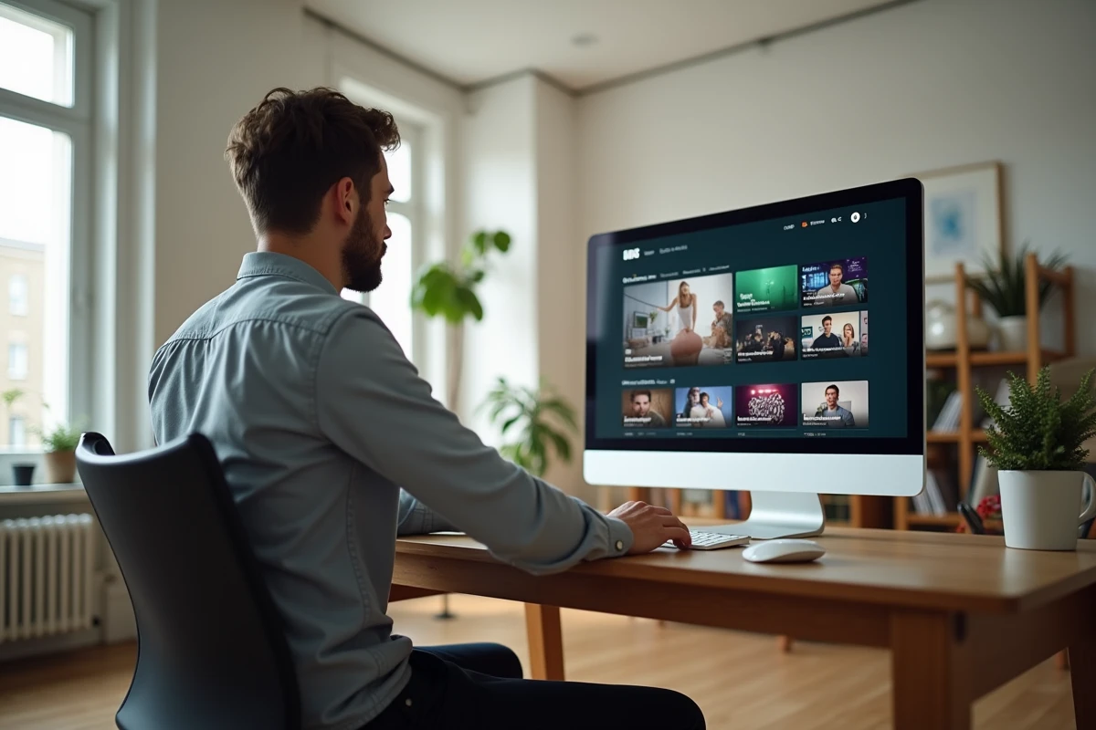 Jeune homme concentré sur son écran dans un salon lumineux