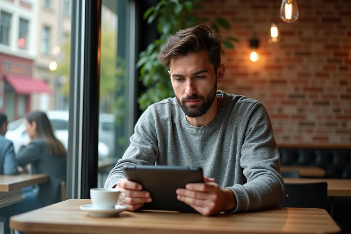 Jeune homme au café regardant une tablette avec intérêt