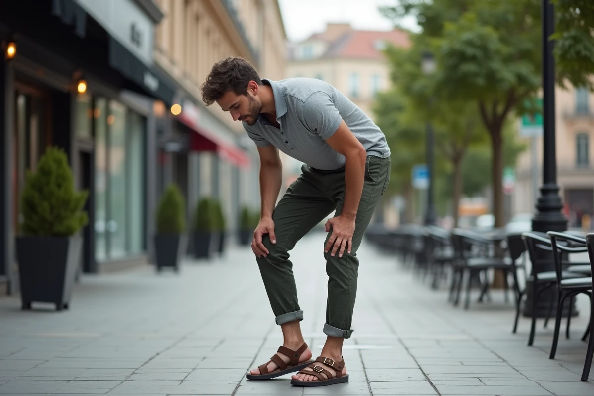 Jeune homme ajustant ses sandales en ville