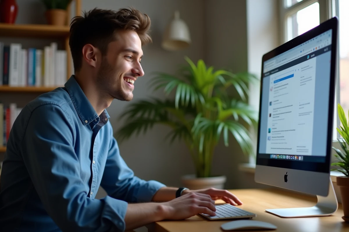 Jeune homme dans un espace de travail à domicile utilisant un ordinateur
