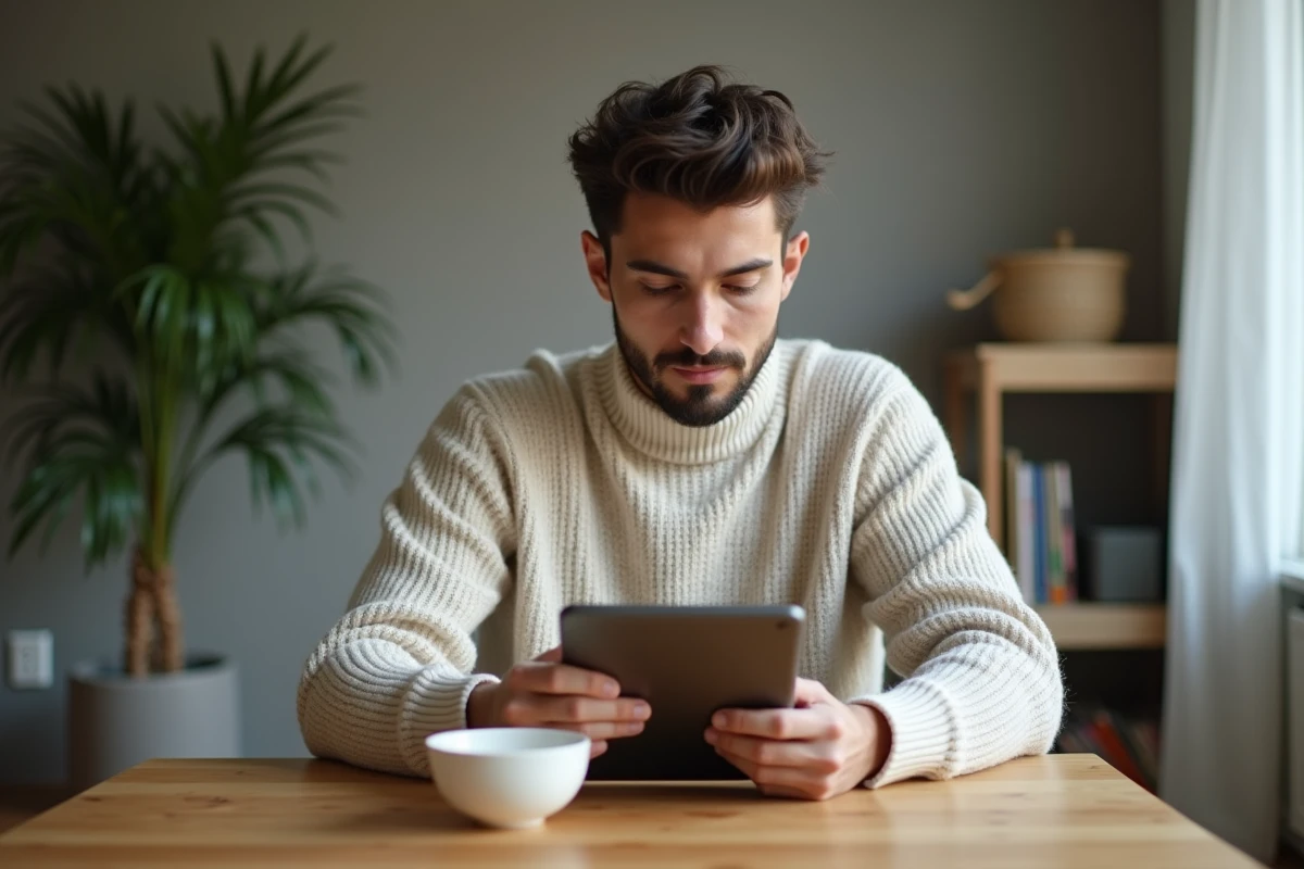 Jeune homme lisant un article sur la santé avec un bol de Budwig