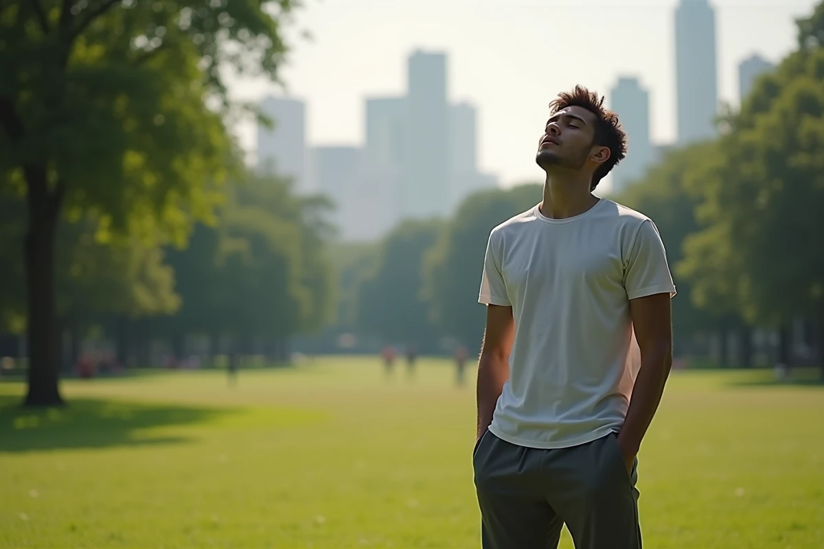 Jeune homme respirant dans un parc urbain verdoyant