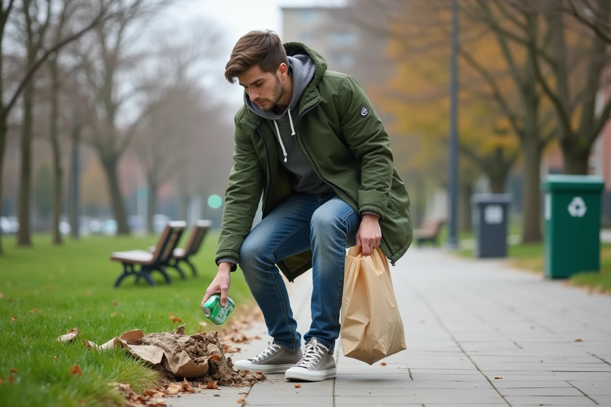 Jeune homme ramassant des déchets dans un parc urbain