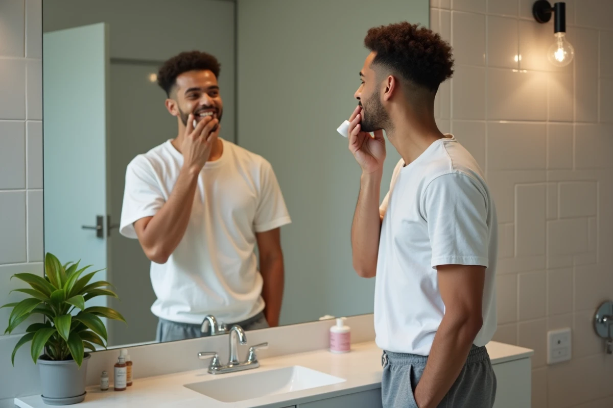 Jeune homme se massant le visage dans sa salle de bain moderne