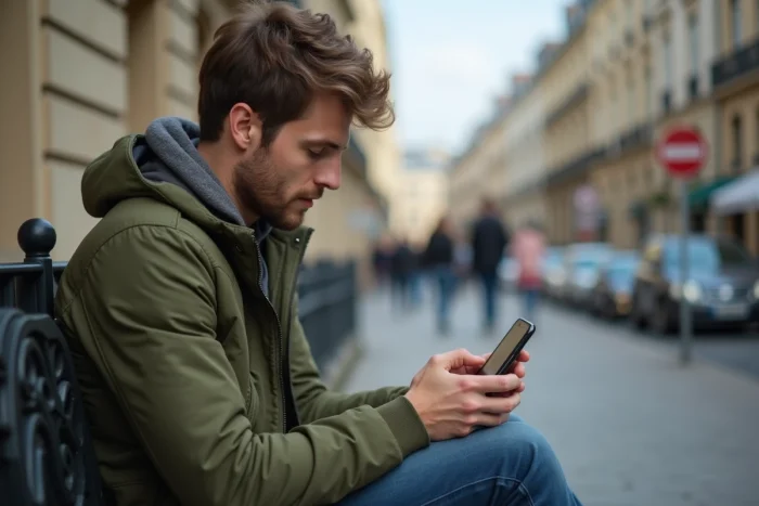 Jeune homme en rue vérifiant sur son téléphone si un numéro 05 est gratuit ou surtaxé