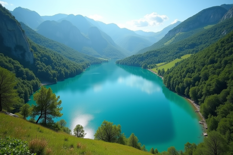 Lac turquoise caché entouré de collines vertes en Italie