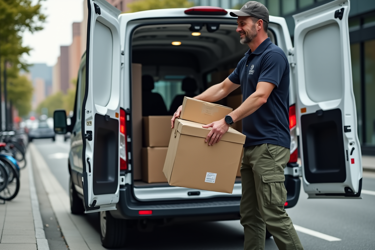Livreur déchargeant colis connectés devant un van en ville
