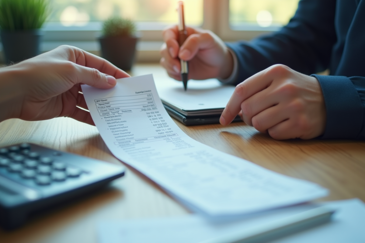 Mains tenant une fiche de paie et une calculatrice