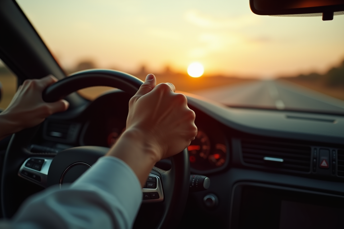 Mains du conducteur sur le volant en conduite dynamique