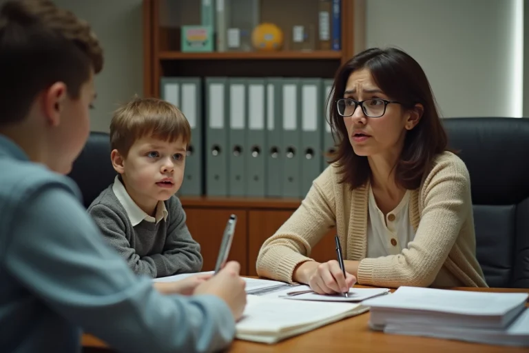 Mère inquiète avec son enfant lors d'un entretien scolaire