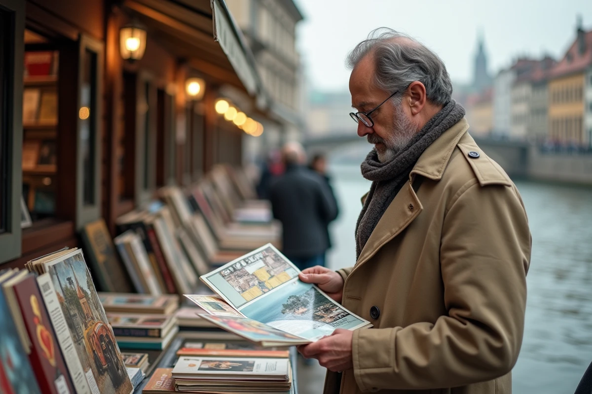 Homme parcourant un magazine photo dans un marché de livres en ville