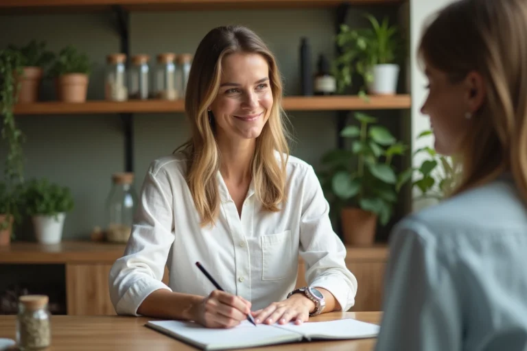 Naturopathe femme en consultation dans son cabinet naturel avec des plantes et des herbes médicinales