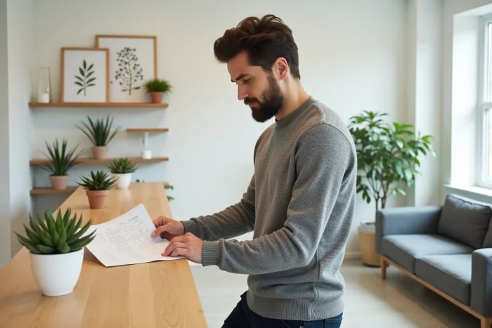Naturopathe homme debout à la réception de son cabinet de naturopathie moderne et épuré