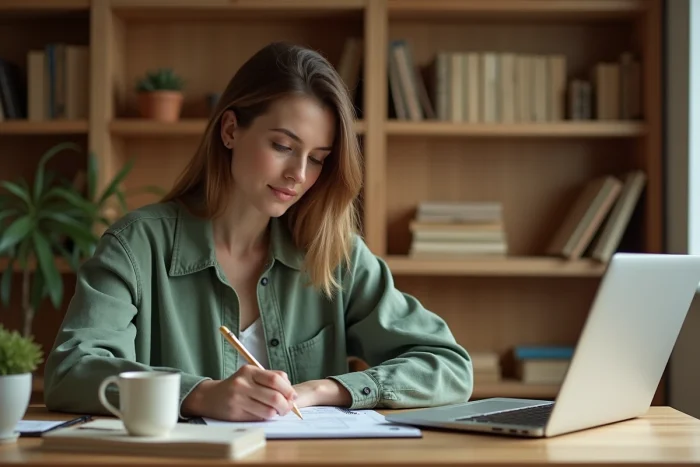 Naturopathe calculant ses revenus et son salaire devant un ordinateur portable dans son bureau professionnel