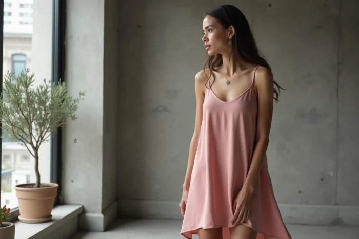 Femme en nuisette rose en soie près d'une fenêtre dans un appartement moderne minimaliste