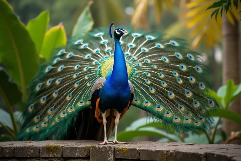 Paon mâle en pleine parade nuptiale sur un mur de pierre, plumage déployé et bec ouvert en train de pousser son cri caractéristique dans un jardin botanique luxuriant