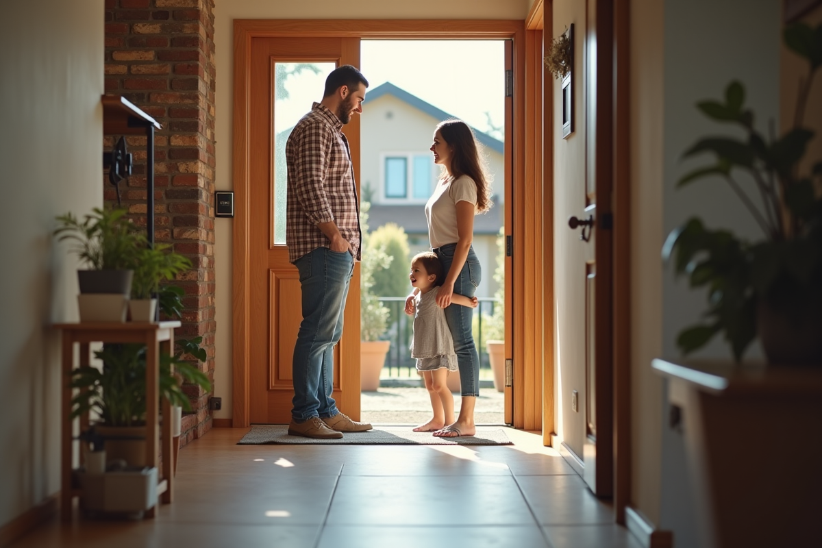 Pere accueillant la babysitter avec sa fille à la porte d