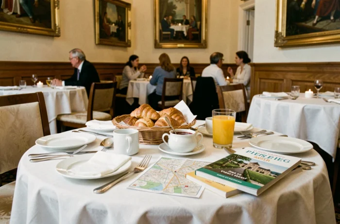 Table du petit-déjeuner à l'Hôtel Astoria avec croissants, plan de la ville et vaisselle en porcelaine dans une salle classique