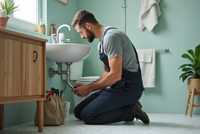 Plombier professionnel effectuant une réparation sous un lavabo dans une salle de bain moderne, intervention à domicile organisée via une plateforme digitale