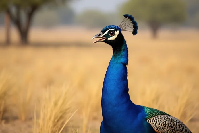 Portrait en gros plan de la tête d'un paon en train de crier, plumes de la couronne dressées et bec ouvert, capturé dans une réserve naturelle indienne