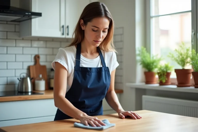 Professionnelle de ménage à domicile nettoyant un plan de travail dans une cuisine moderne, service réservé via une plateforme de services à domicile