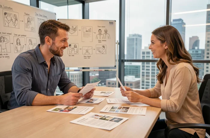 Deux professionnels de l'animation discutant d'offres d'emploi et de portfolios lors d'une réunion dans une agence créative