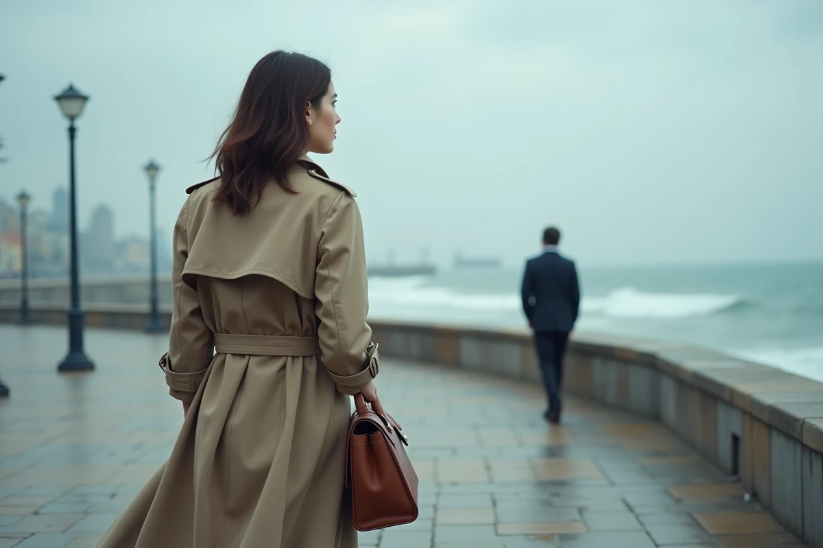 Femme en trench regardant la mer avec homme au loin