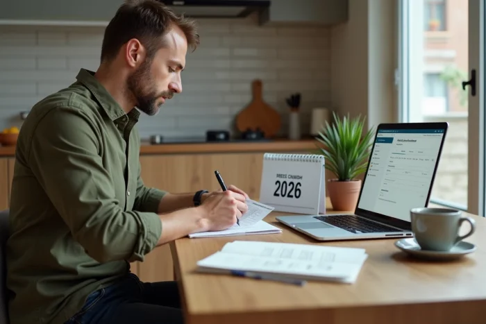 Homme remplissant un chèque différé à domicile avec un calendrier 2026