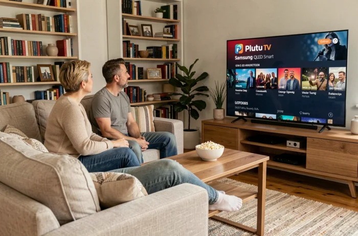 Couple regardant Pluto TV sur une Smart TV Samsung dans un salon cosy