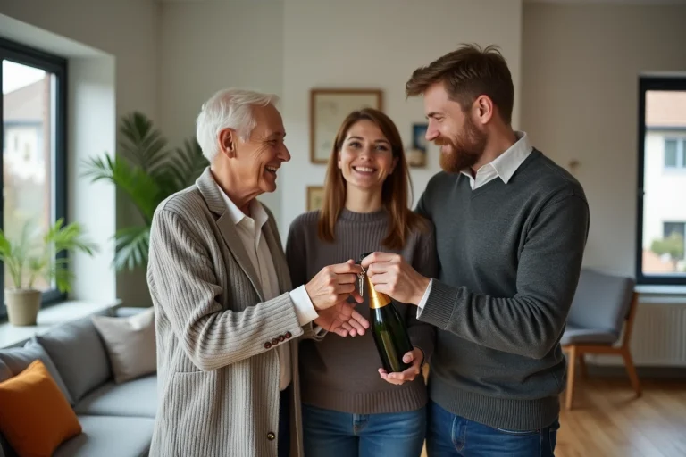 Couple souriant recevant des clés de maison dans un salon lumineux