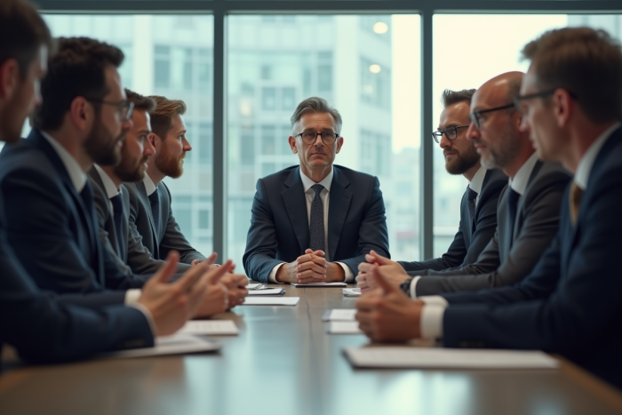 Groupe de dirigeants en réunion d'affaires sérieux