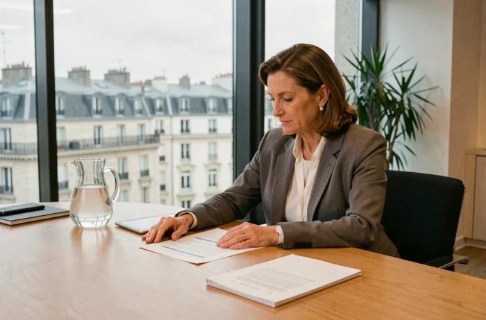 Journaliste et présentatrice médiatique analysant des contrats et revenus dans une salle de réunion parisienne moderne