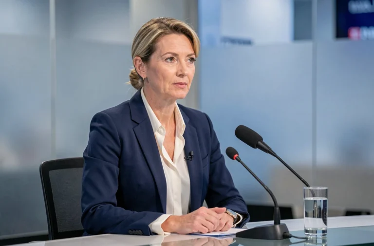 Femme journaliste professionnelle assise à un bureau de plateau télé, illustrant le salaire d'une présentatrice de grande chaîne française
