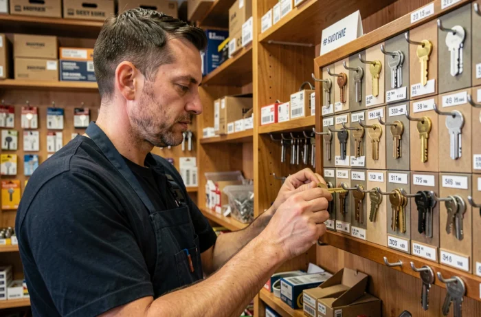 Serrurier professionnel comparant des clés en laiton dans une quincaillerie pour établir un tarif de duplication