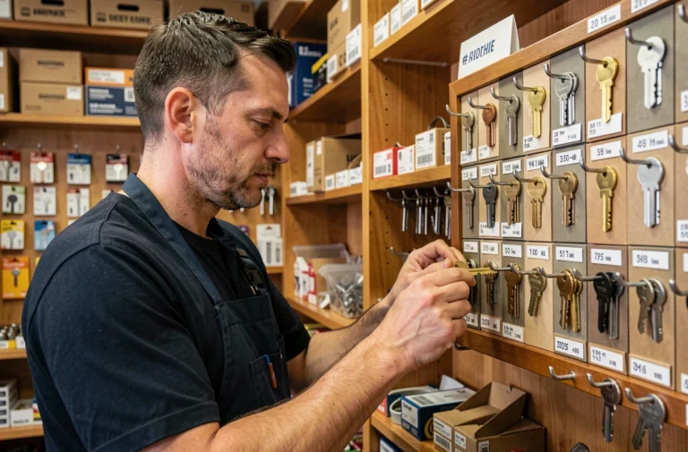 Serrurier professionnel comparant des clés en laiton dans une quincaillerie pour établir un tarif de duplication